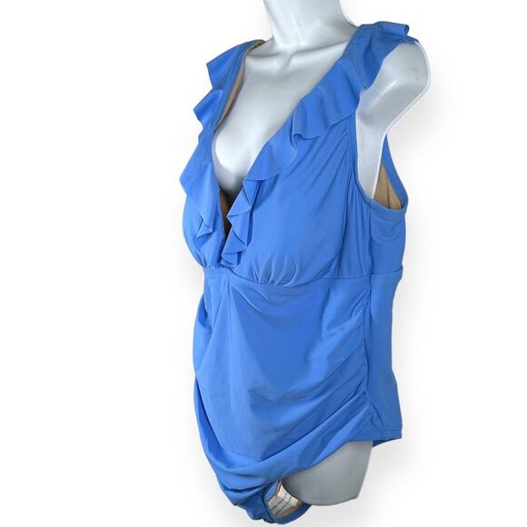 KONA SOL One Piece Bikini Ruched Ruffle Swim V-Neck Full Coverage Blue 22 - Picture 5 of 13